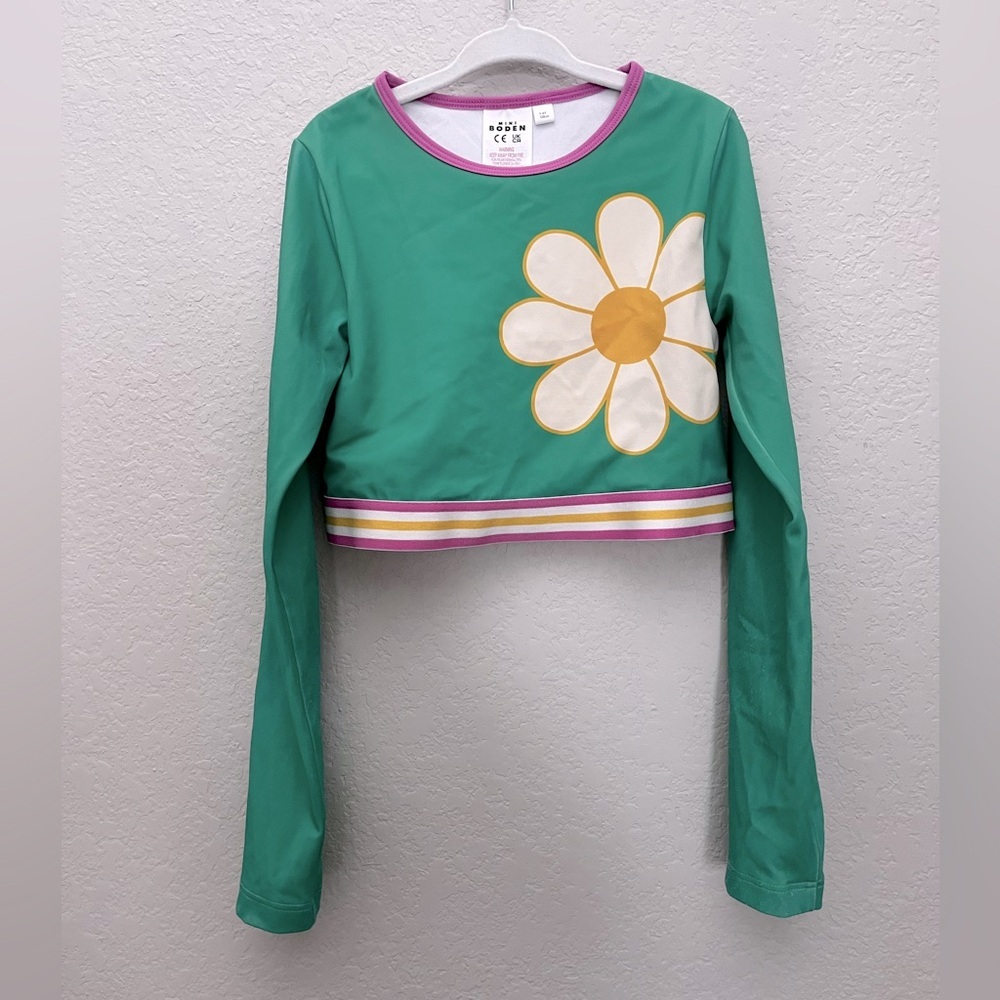 Mini Boden Girls Rashguard Swim Top Size 7-8Y Long Sleeve Floral Daisy Green